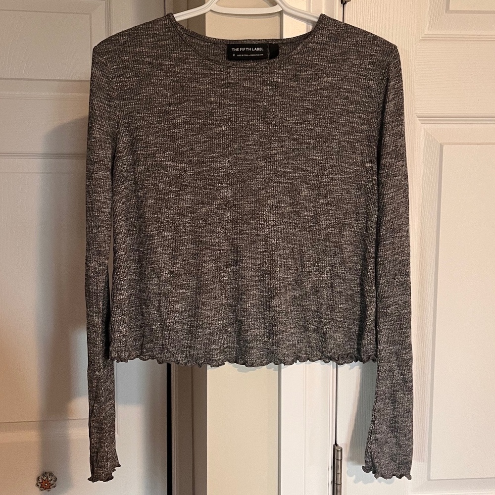 The Fifth Label, Grey Ribbed Long Bell Sleeve Cropped Tee, Size: M